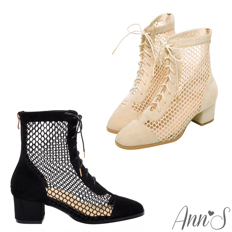 Ann’S狩獵風格-異材質拼接絨質網狀綁帶短靴5cm-2色