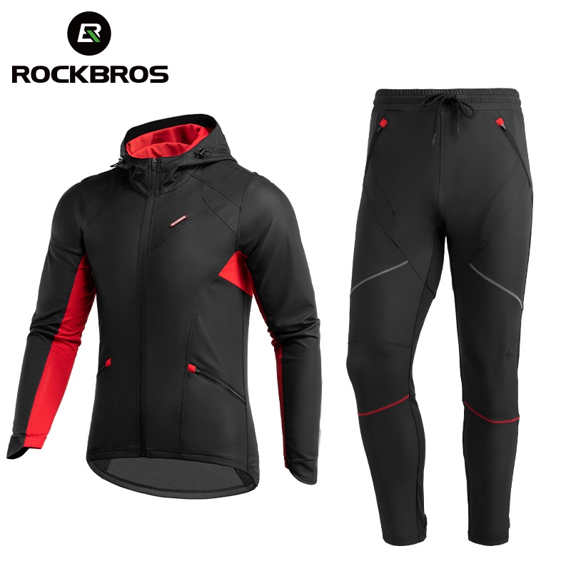 Rockbros 自行車夾克套裝冬季抓絨夾克褲子保暖自行車服防風山地車公路運動騎行服套裝衣服