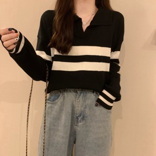 【HOSS】Polo領黑色條紋針織打底衫女外穿設計感百搭高階感內搭長袖上衣