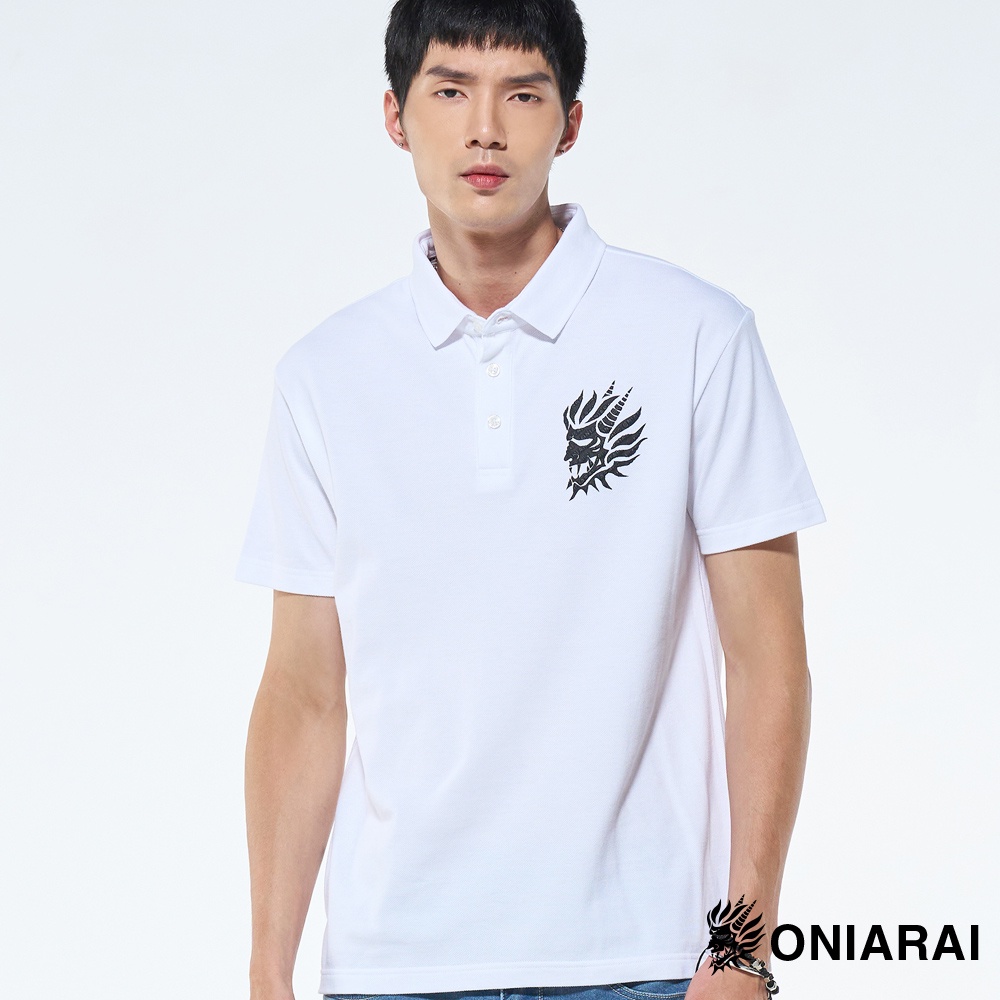 BLUE WAY 鬼洗 ONIARAI-男款 闇光厚版側鬼短袖POLO衫(白)