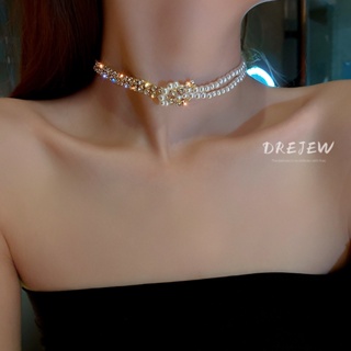 DREJEW 項鍊女 鑲鑽珍珠拼接短版頸鍊 韓國ins風簡約個性項鍊 項圈 項鏈 閨蜜項鍊 氣質設計感飾品項飾女
