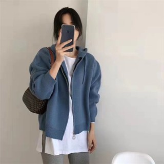 發票+臺灣現貨天天寄【粉紅菲菲】針織開衫氣質連帽針織外套 韓版學生寬鬆拉鍊慵懶毛衣 19-0148