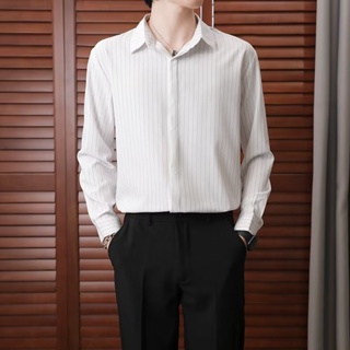 韓國時尚休閒男士商務襯衫條紋中性高品質超大垂褶襯衫