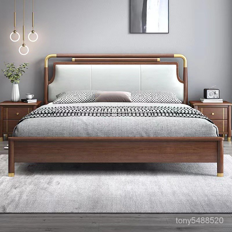 新中式實木床皮靠床現代衚桃木傢具北歐輕奢工廠直銷2米2.2大床 高腳床 鐵床架 雙層床 上下床 儲物多功能床架 1ZHM