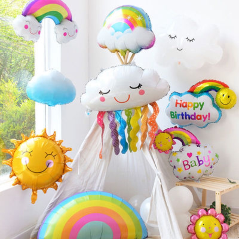 笑臉彩虹氣球彩虹雲朵擁抱熊愛心熊氣球流星七彩熱氣球白雲鋁膜氣球生日派對裝飾
