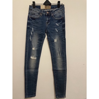 【19355】Jeans Cool 牛仔長褲 長褲 深藍 九分窄管鉛筆褲 不規則破損造型 深復古色系 破褲 刷色 單寧