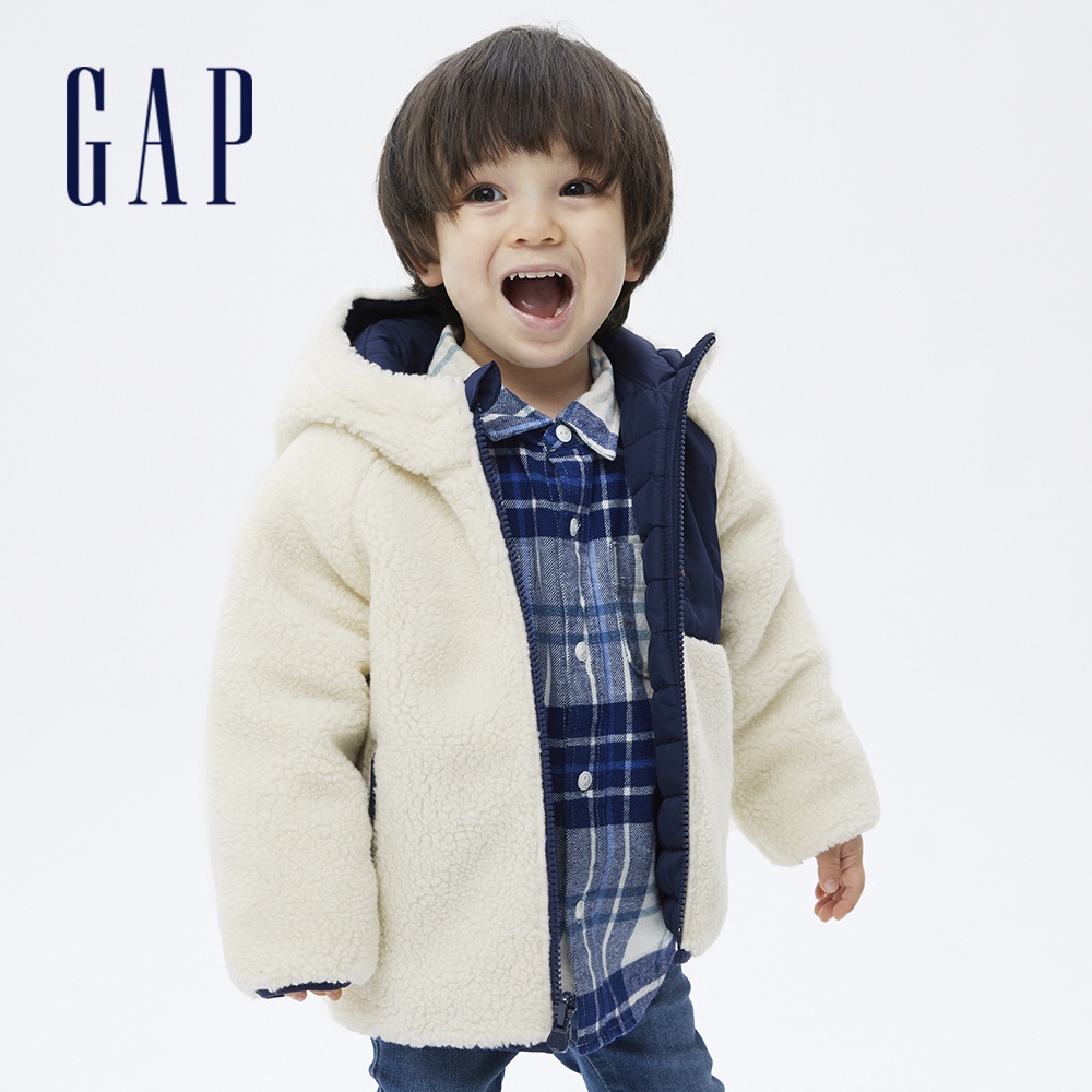 Gap 男幼童裝 仿羊羔絨雙面穿保暖連帽外套-白色(703931)