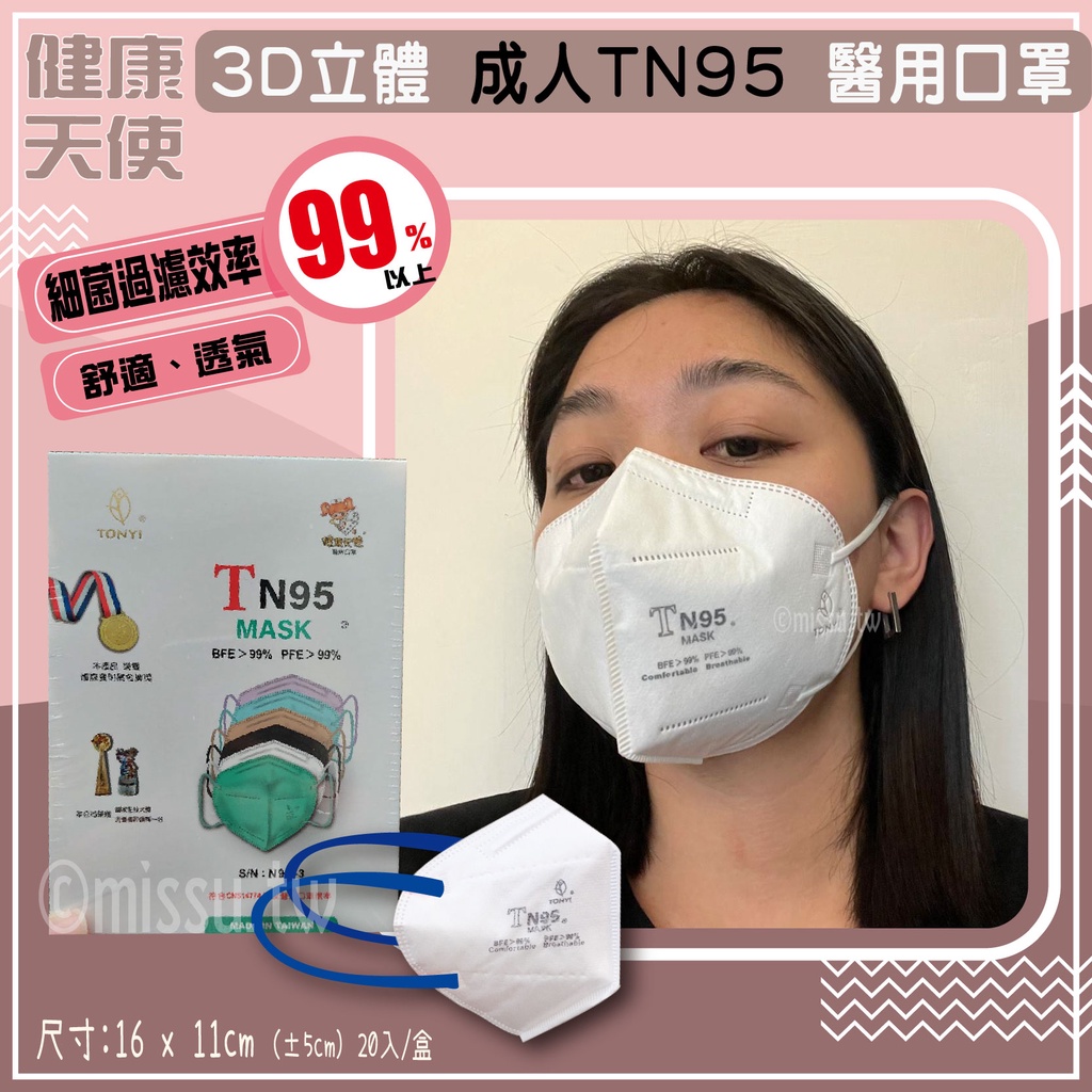 健康天使 TN95 MASK 立體口罩 美規FDA 歐盟FFP3 CE認證 BFE99 PFE99 四層口罩 一盒20入