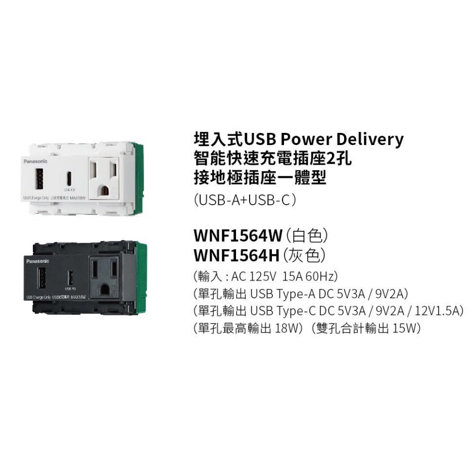 (現貨) 最新國際牌【一體型】USB智能快速充電插座 + 接地單插座 WTGF 1564 W 白&amp; H 灰色