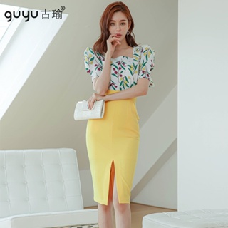 韓版洋裝【現貨S-XL】2022新款假兩件撞色印花OL洋裝方領短袖辦公室女生穿搭氣質連身裙