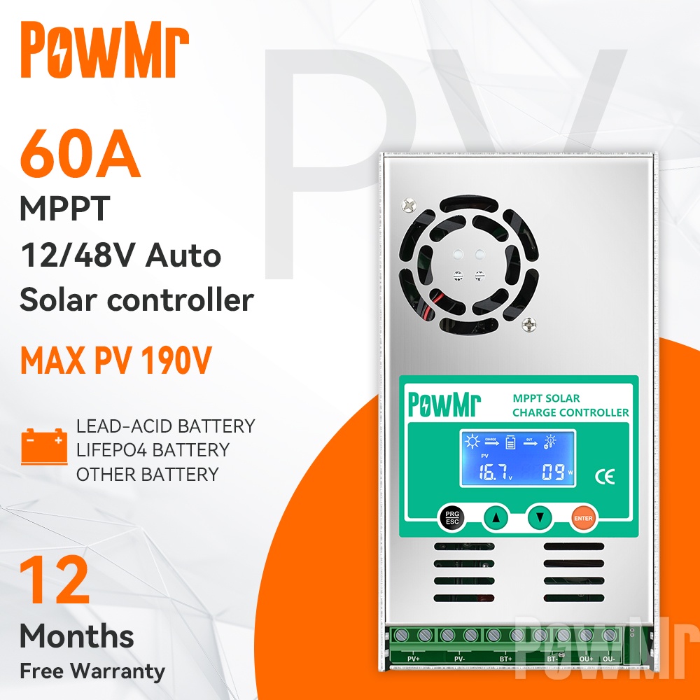 【官方商店】PowMr MPPT 60A 太陽能充電控制器12V/24V/36V/48V自动识别光伏最大输入电压190V