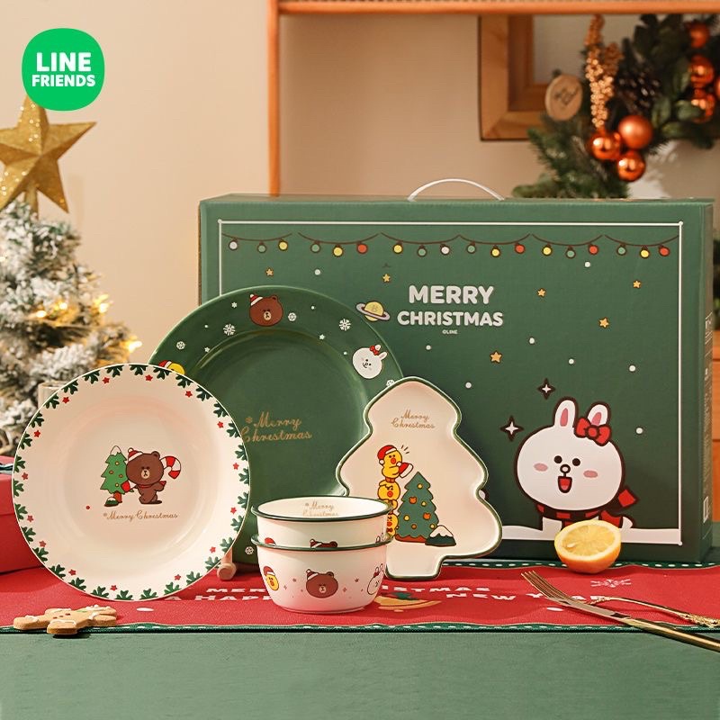 🌟聖誕禮物現貨🎄🌟 LINE FRIENDS碗碟套裝盤 碗家用飯碗熊大陶瓷可愛餐盤官方正版送禮好物 聖誕節 交換禮物