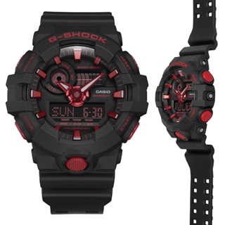 【CASIO 卡西歐】G-SHOCK 大圓錶殼經典黑火焰紅運動雙顯錶(GA-700BNR-1A 防水200米)