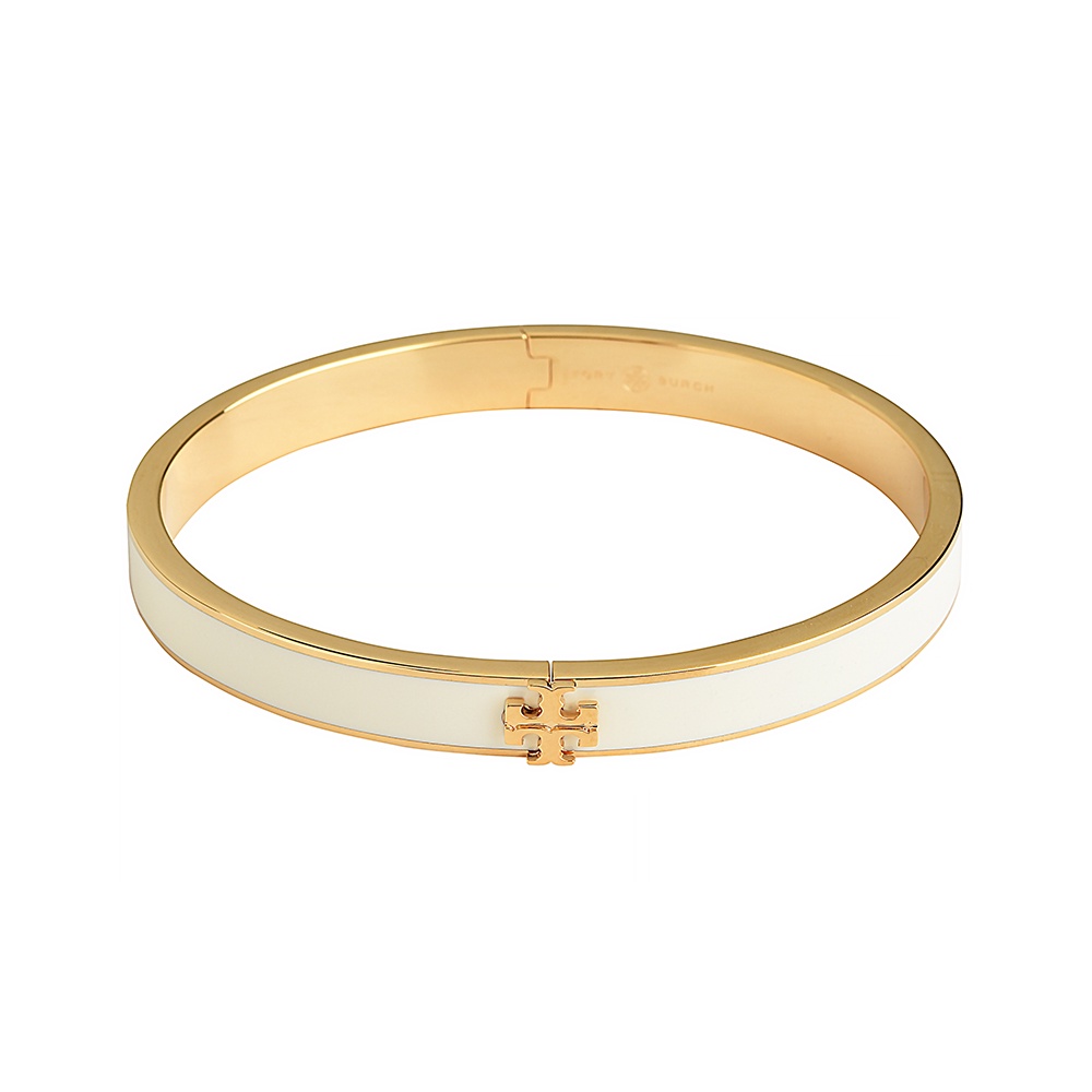 TORY BURCH KIRA金屬LOGO橢圓設計黃銅琺瑯釦式手環(象牙白x金)