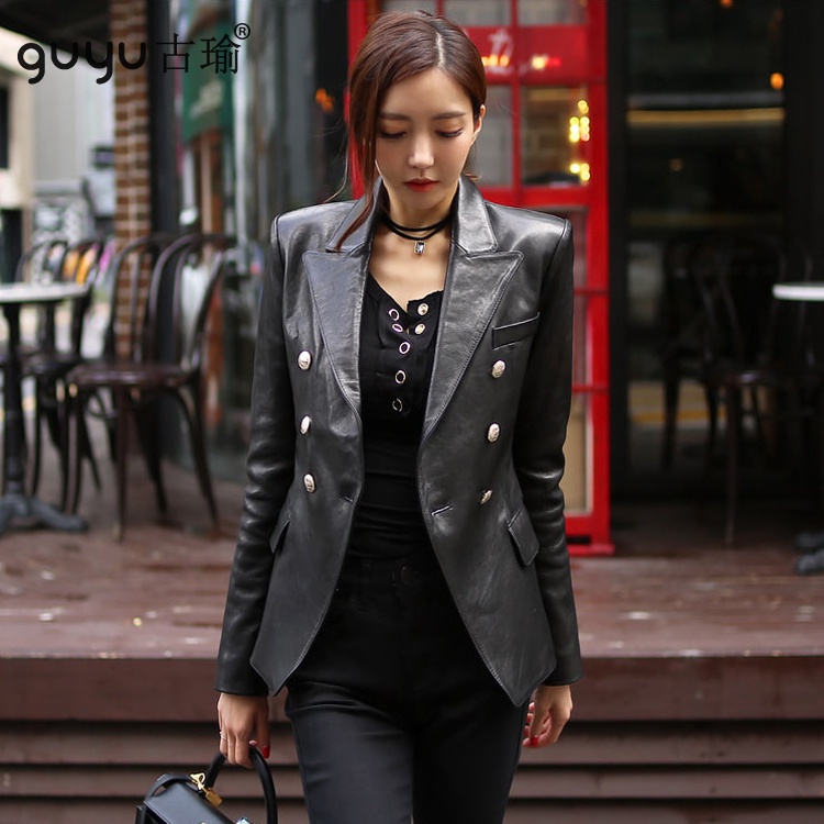 PU皮外套【現貨S-XL】韓版俐落緊身收腰女生外套長袖西裝領百搭上衣皮衣