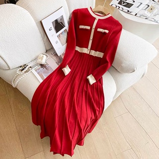 NXS 正韓 聖誕節洋裝 針織洋裝 連身裙 小香風 長洋裝 聖誕 新年 過年 金屬釦 紅色洋裝 韓國