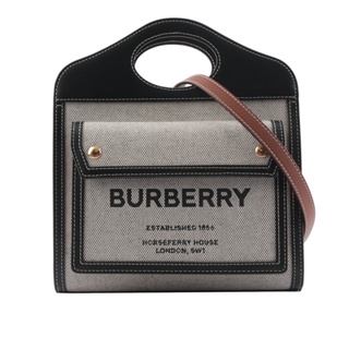 BURBERRY 帆布拼皮革手提/斜背口袋包(Mini)(黑色/棕褐色) 8039363