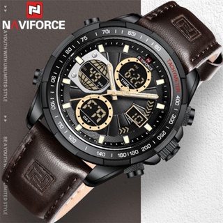 Naviforce NF9197 男士頂級品牌豪華手錶石英數字軍事運動棕色真皮商務腕錶