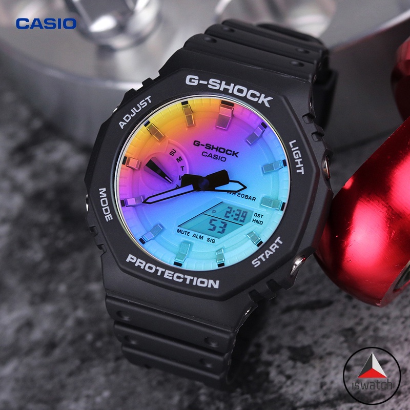卡西歐 G-Shock Iridescent 系列 GA-2100SR-1A 男士模擬數字碳芯保護黑色樹脂錶帶運動手錶