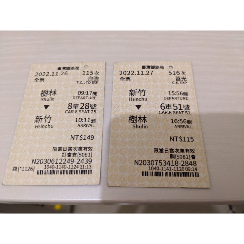 台鐵 新竹 樹林 來回車票 自強 車票 紀念用