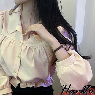 【HanVo】氣質公主澎袖荷葉邊襯衫上衣 舒適好穿時尚長袖衣 韓國女裝 女生衣著 A02-1833