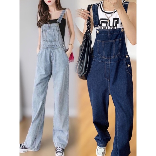 ［莫莫衣物］2色韓版牛仔闊腿背帶褲 高腰顯瘦減齡 吊帶褲 牛仔吊帶褲