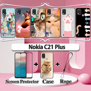 NOKIA 2 合 1 諾基亞 C21 Plus 手機殼帶鋼化玻璃曲面陶瓷螢幕保護膜貓狗
