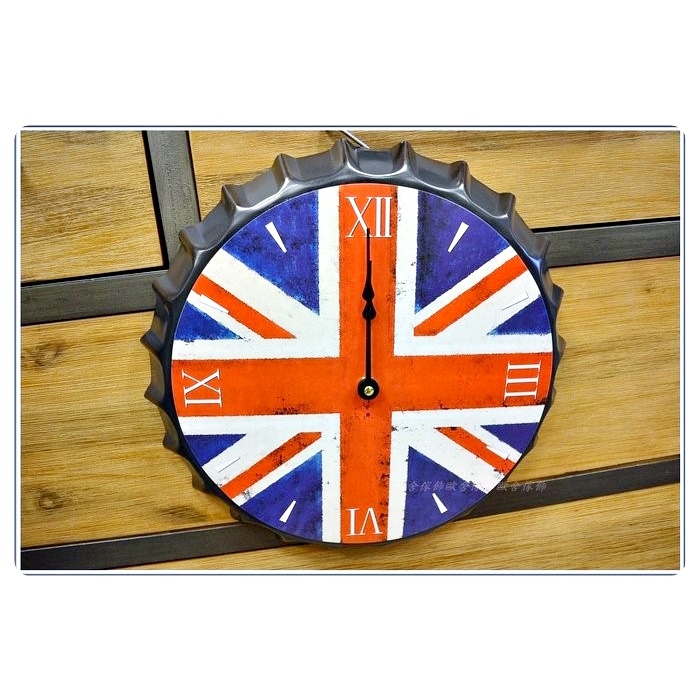 歐舍傢居 美式時鐘 瓶蓋造型 英國國旗時鐘 工業風 LOFT 鐵製造型時鐘 仿古壁鐘 英倫風時鐘 工業風掛鐘 吊鐘