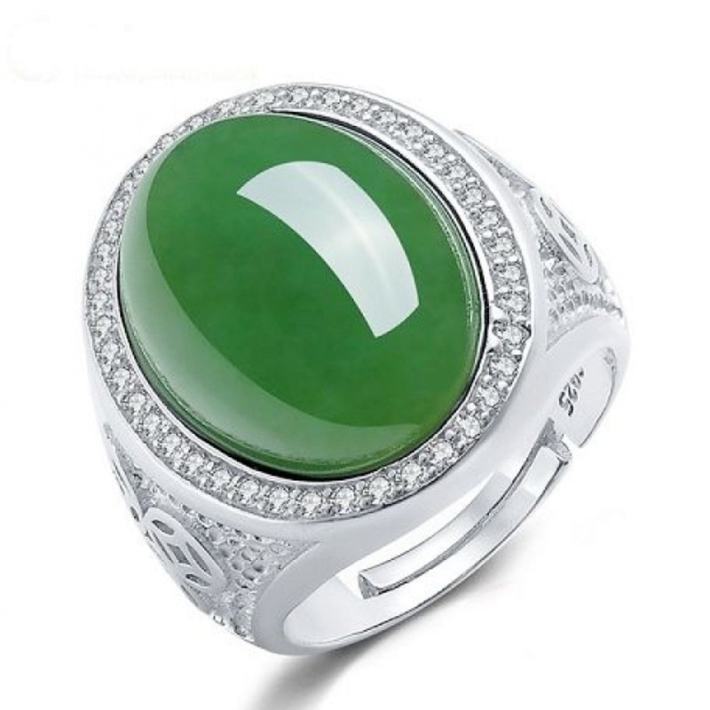 可調整橢圓形蛋面錢幣戒指 仿和田玉鑲嵌金錢幣鑲鑽翡翠菠菜綠戒指