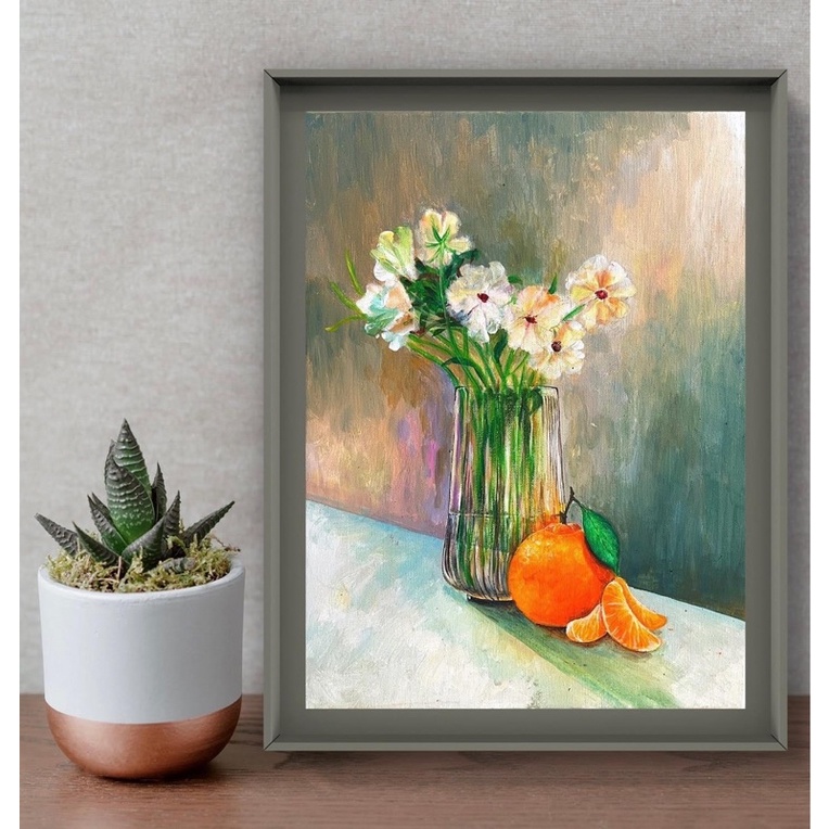 靜物畫 手繪靜物油畫 花瓶畫 水果畫 居家掛畫 橘子