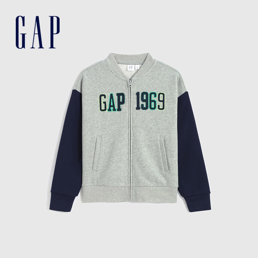 Gap 男童裝 Logo刷毛棒球領長袖外套 碳素軟磨系列-淺灰色(507730)