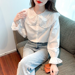 依時尚. 長袖上衣 長袖T恤 復古襯衫 S-2XL韓版時尚娃娃領設計感小眾百搭洋氣別緻蕾絲襯衫T614-9930.