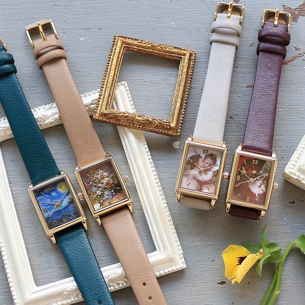 🔥現貨+預購 🇯🇵日本 名畫系列方形石英手錶(皮革錶帶) 莫內、梵谷、慕夏、達文西 古典、印象藝術家、貓咪