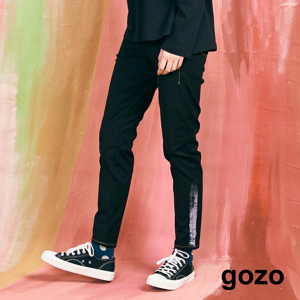 【gozo】➤金屬刷漆合身彈性長褲(黑色/米色_S/M/L)｜女裝 顯瘦 休閒