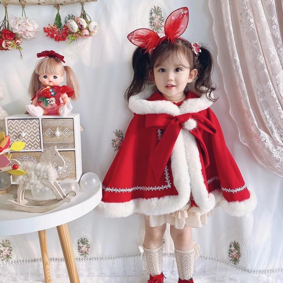 耶誕節服裝 平安夜 洋氣秋冬新款韓版女童紅色外套 毛領耶誕服斗篷披風大衣