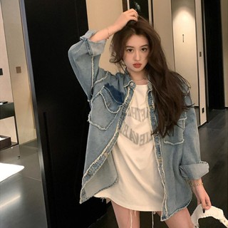 【SHINE GIRL】設計感 毛邊牛仔外套女 春秋季港味男友風 韓版寬鬆 襯衫夾克 上衣潮ins
