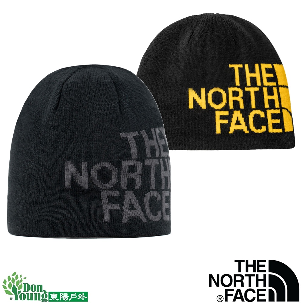 The North Face北面男女款黃黑色雙面休閒保暖毛帽｜AKNDAGG