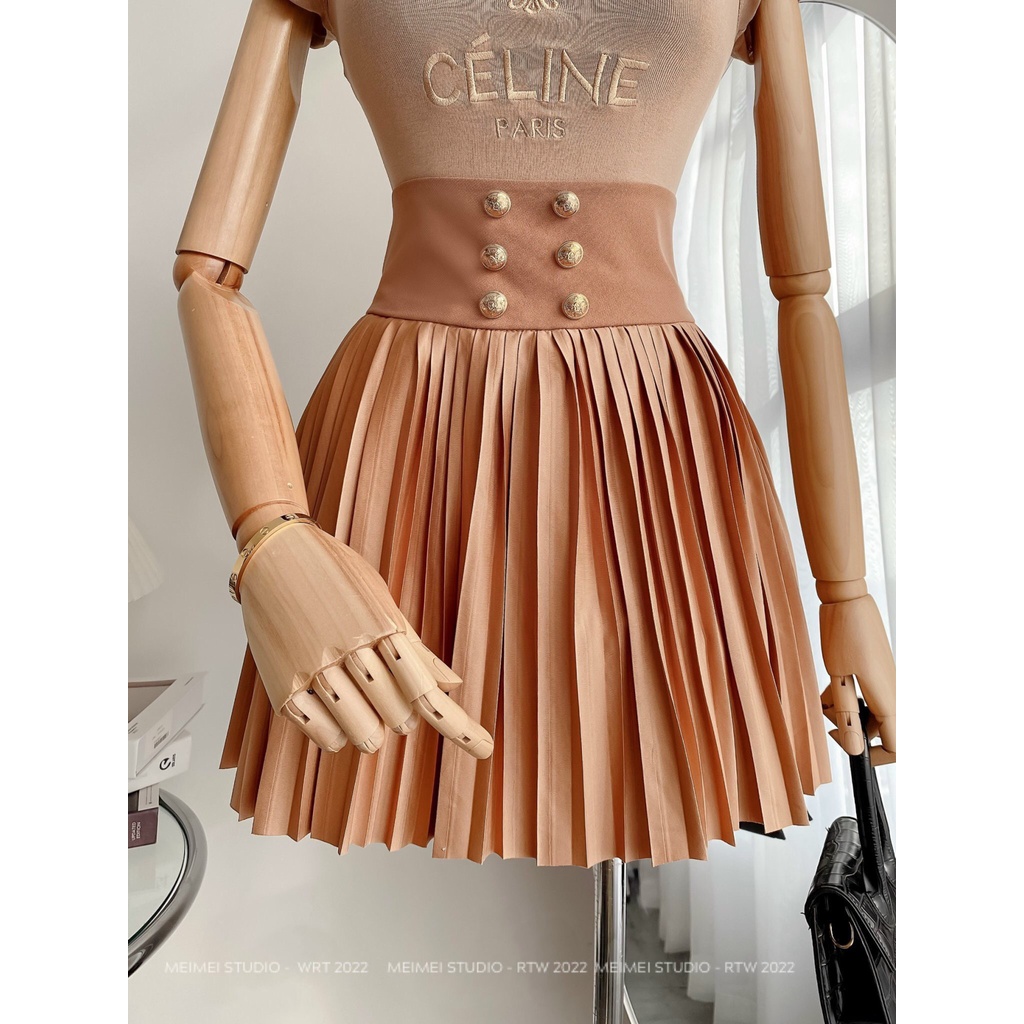 短a字裙,高品質黃銅鈕扣褶襉 - 適用於辦公室 XKCV01 美美工作室