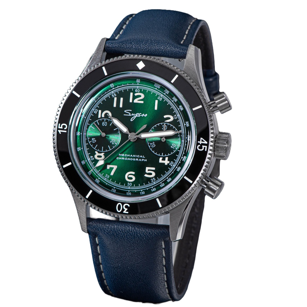 AF Store* Sugess S423 綠色錶盤 復古計時碼錶 真皮錶帶 手動上鍊 海鷗機芯 ST1901 機械錶