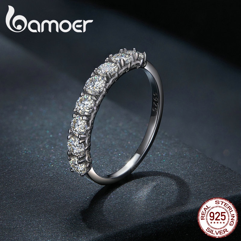 Bamoer 925 銀圖案莫桑石戒指 D 色 VVS1 高級剪裁 4 種尺寸時尚首飾適合婚禮女孩