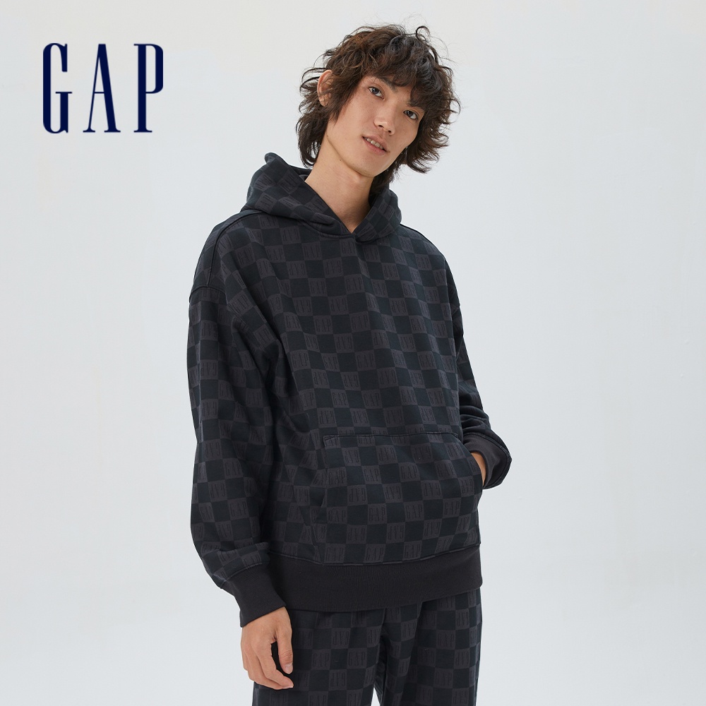 Gap 男女同款 Logo刷毛帽T-灰黑棋盤格(506929)