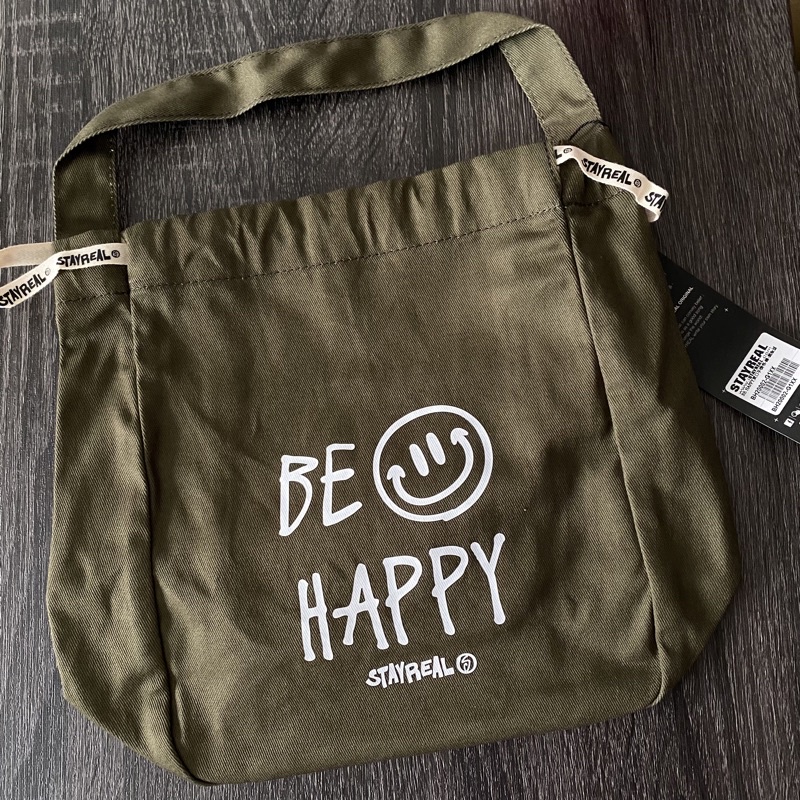 轉售✨ BE HAPPY 束口手提包 手提袋 刺繡 笑臉 微笑  STAYREAL