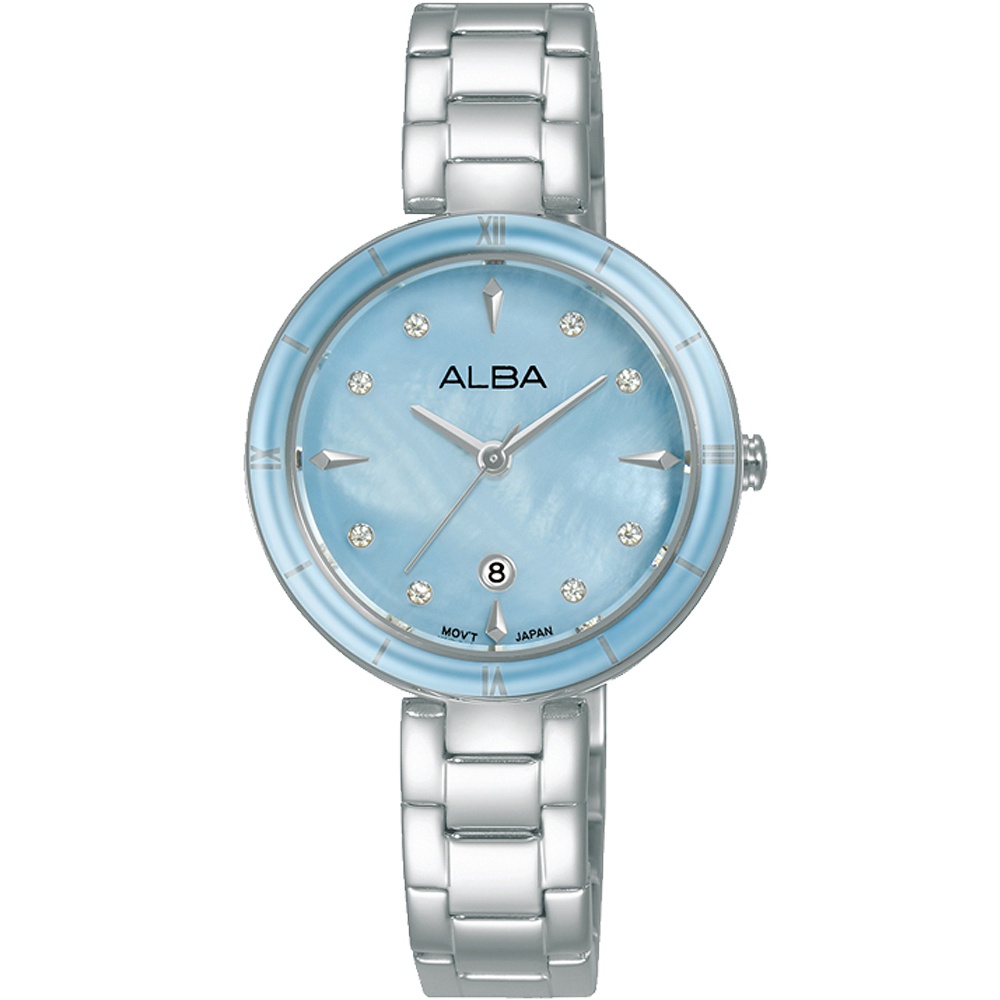 ALBA 雅柏  經典珍珠貝時尚晶鑽女錶-銀藍色VJ22-X384B /AH7AX1X1