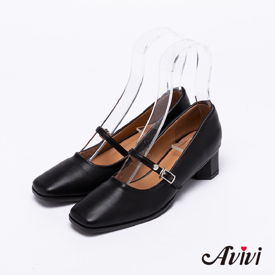 【Avivi】方頭瑪莉珍跟鞋-黑色/卡其色