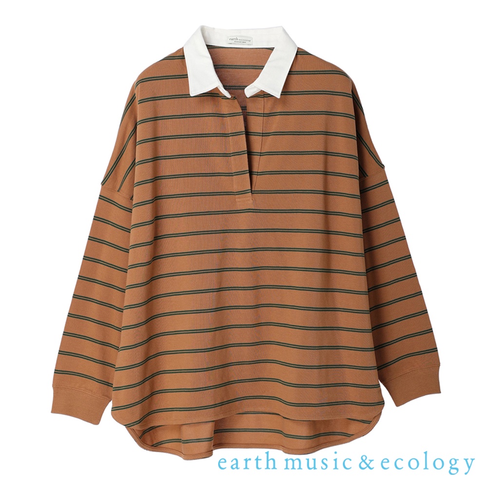 earth music&amp;ecology 橫條紋/素面襯衫領廓形寬鬆純棉長袖上衣(1L23L1C0900)