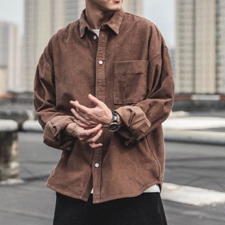 [S-7XL]燈芯絨襯衫 男大尺碼長袖襯衫 秋季日系胖子潮牌休閒寬鬆男生春秋襯衫外套 男士休閒運動襯衫上衣 大尺碼襯衫