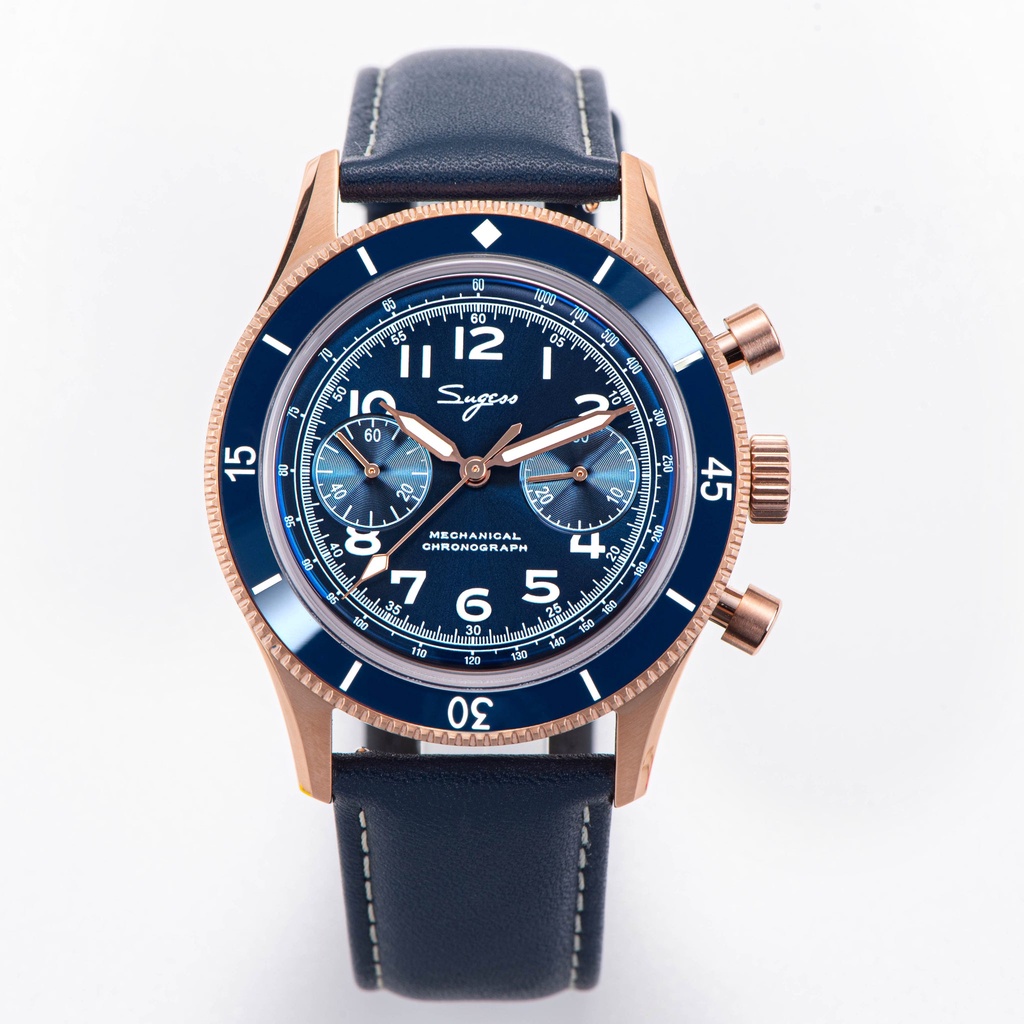 AF Store* Sugess S423 藍色玫瑰金 復古計時碼錶 真皮錶帶 手動上鍊 海鷗機芯 ST1901 機械錶