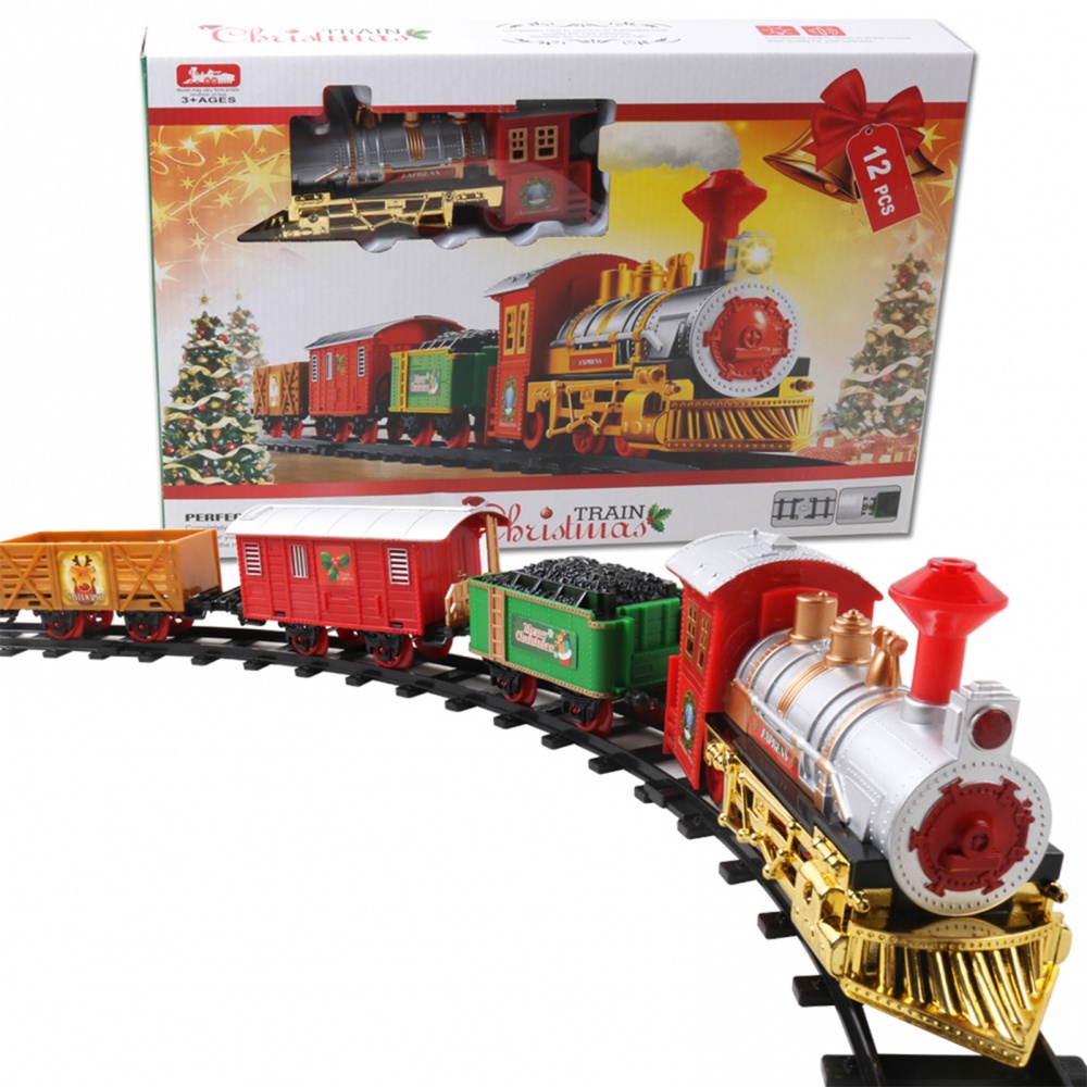 聖誕電動火車玩具套裝, 用於兒童逼真的迷你火車軌道玩具, 帶有燈光和聲音, 包括 4 個汽車和 8 個軌道聖誕樹裝飾