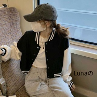 Lunaの 棒球服女 短款上衣 黑白拼接外套 夾克外套 休閒外套 秋冬外套 美式復古 秋冬上衣 棒球外套女生 ins