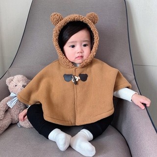 【FAT CAT HOUSE胖貓屋】嬰兒防風保暖斗篷 兒童披肩外套 嬰兒搖粒絨小熊連帽牛角扣斗篷 寶寶連帽外套 品質保證